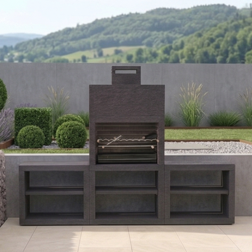 Linea 64 – Cuisine extérieure moderne 300 cm (2 modules) – grilloir acier 80 cm, évier optionnel