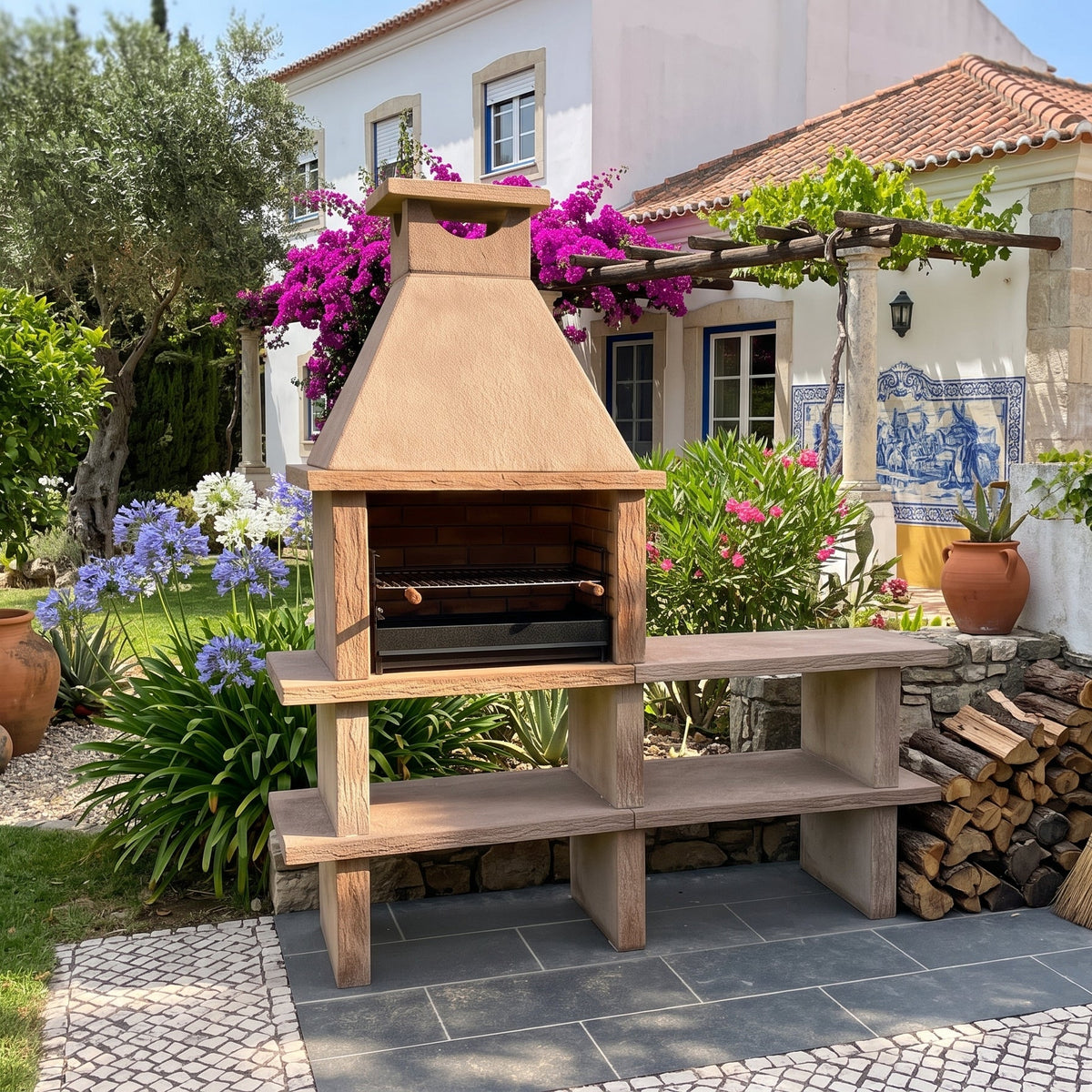 Terra 40 – Barbecue en pierre reconstituée avec grilloir 60 cm et plan de travail (inox en option)