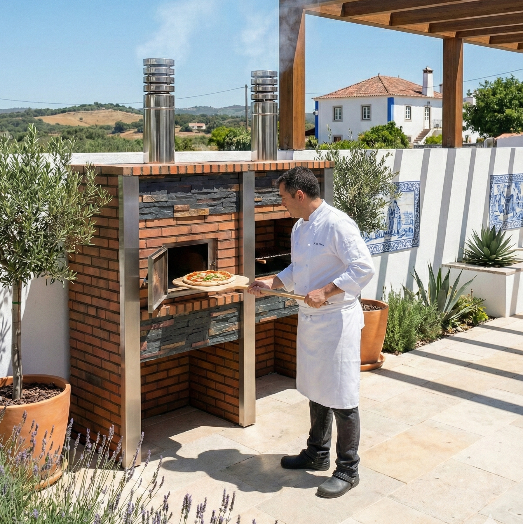 Chef cuisinier enfournant une pizza avec une pelle dans un grand four à bois et barbecue d'extérieur en briques et pierres, sur une terrasse de jardin méditerranéen ensoleillée avec pergola en bois.