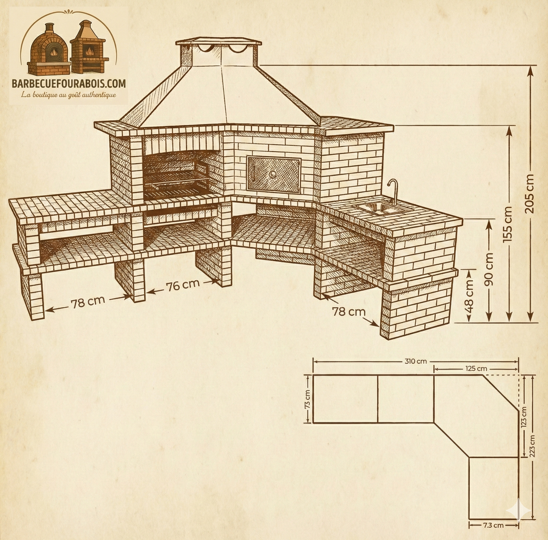 Brava 131 – Barbecue d’angle en brique avec Four & Évier
