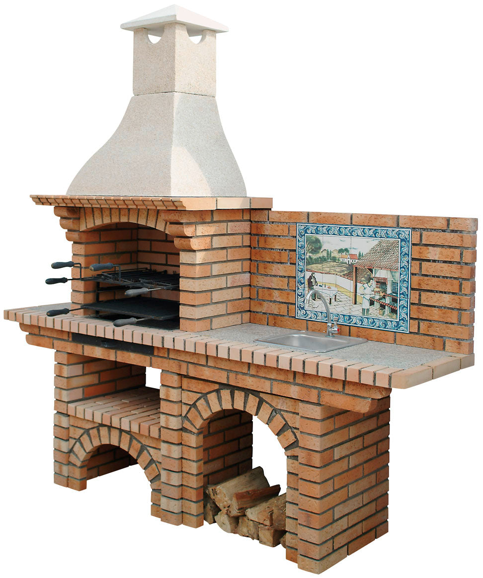 Calabria 502 – Barbacoa de ladrillo con encimera (lado a elegir) – mural incluido (fregadero + parrilla de acero inoxidable opcionales)
