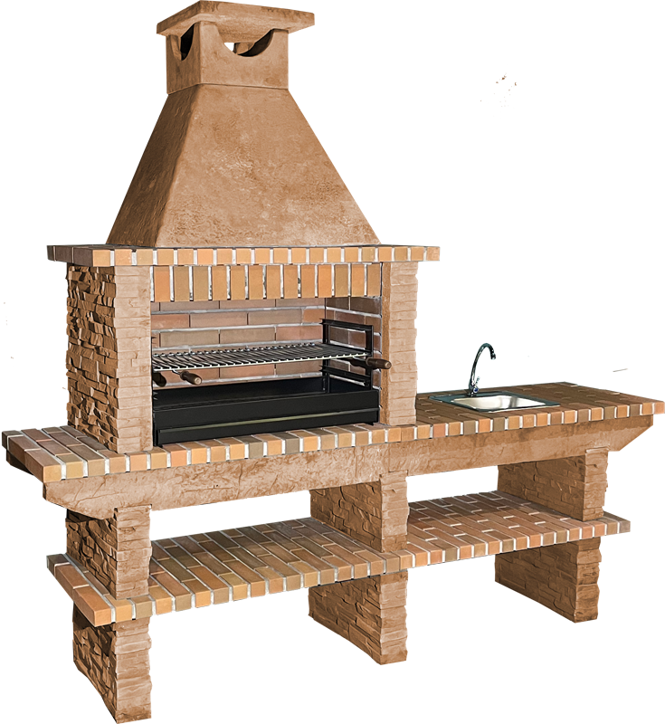 Basalto 380 – Barbecue pierre reconstituée schiste avec extension – Grilloir 80 cm (Gris ou Marron) – Évier inox en option
