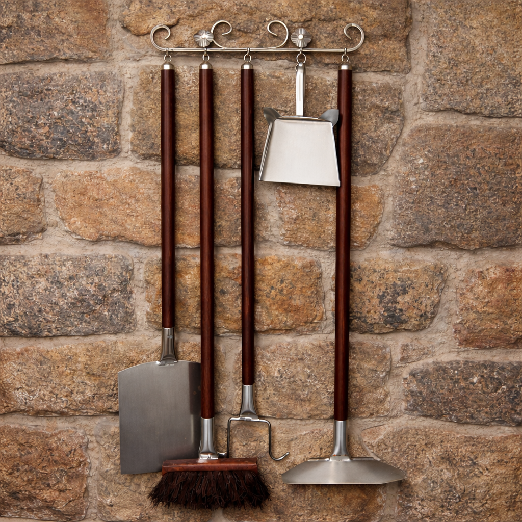 Étui pour four à bois – Set d’ustensiles manches en bois & têtes inox + support mural (140 cm)