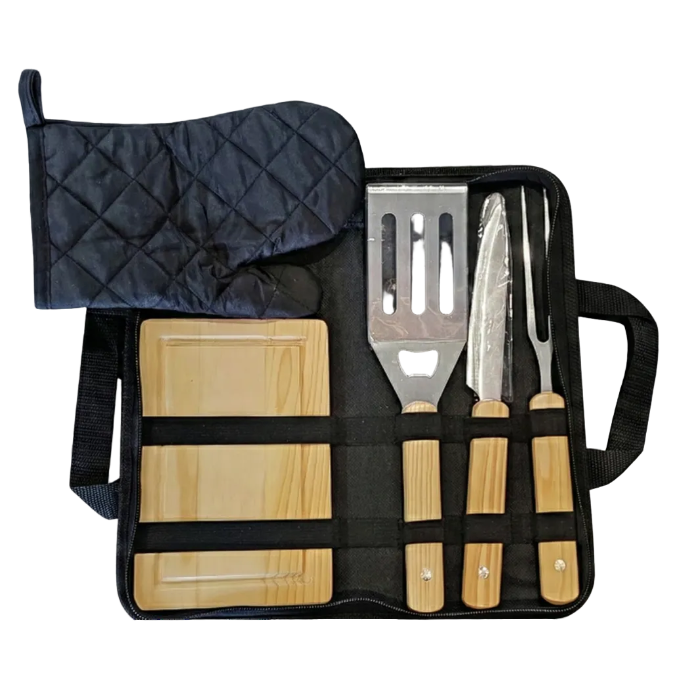 Mallette BBQ – Kit 5 accessoires (gant + planche + ustensiles inox) – Cadeau offert