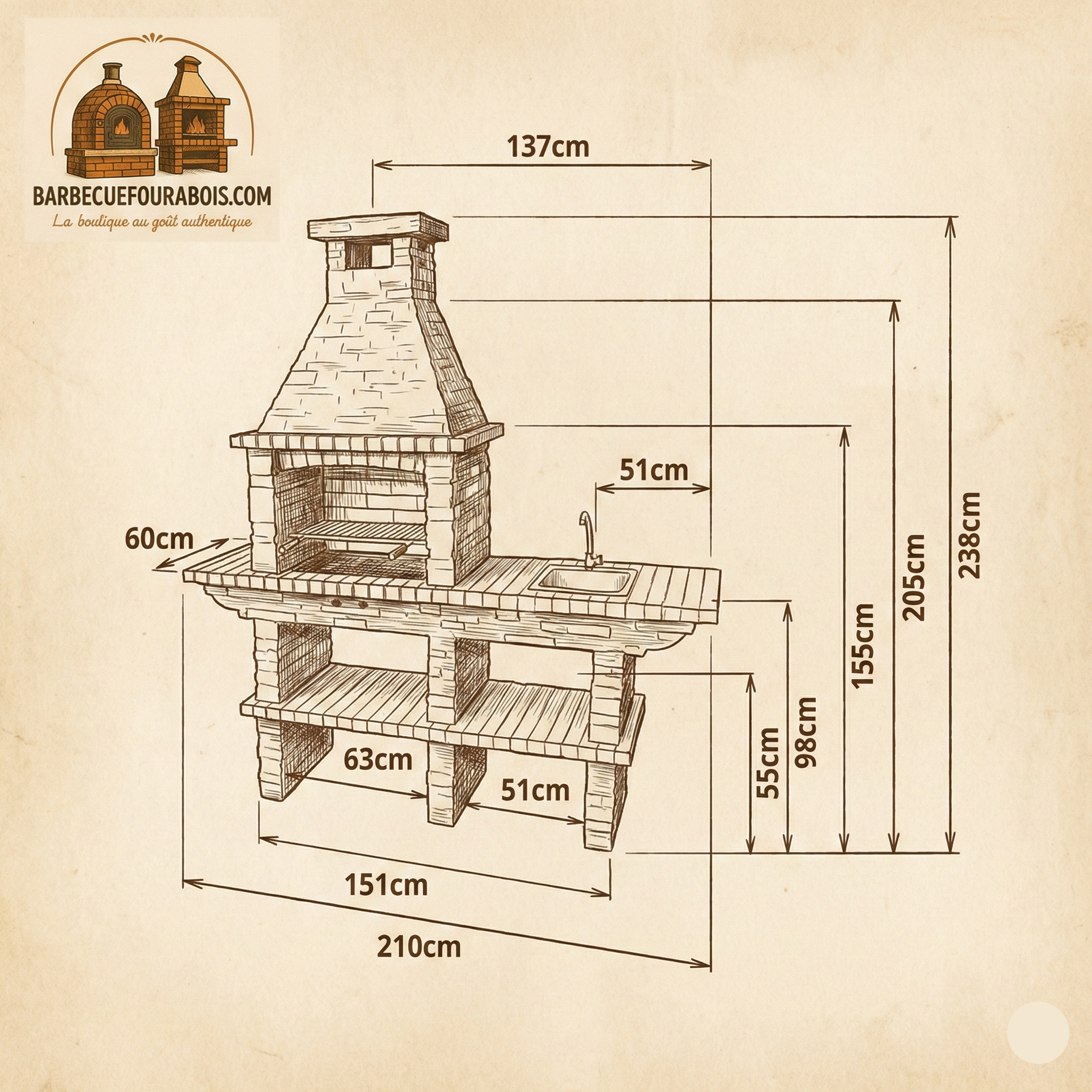 Rustika 207 – Barbacoa de piedra reconstruida con encimera (fregadero + grifo opcional) – Parrilla 60×38 cm