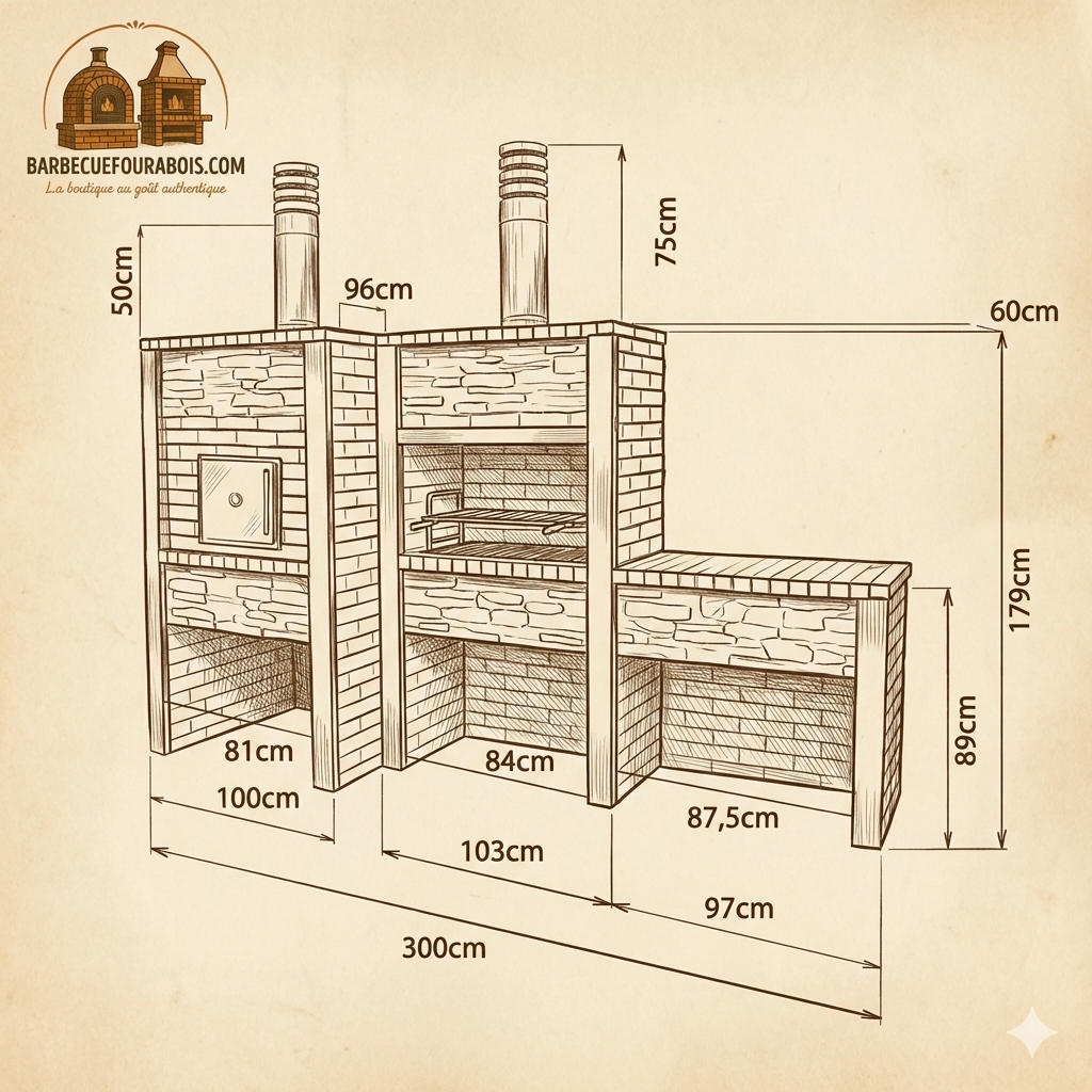 Inoxa 307 – Cuisine extérieure premium en pierre reconstituée avec Four Ø75 cm + barbecue 80×38 et plan en grès