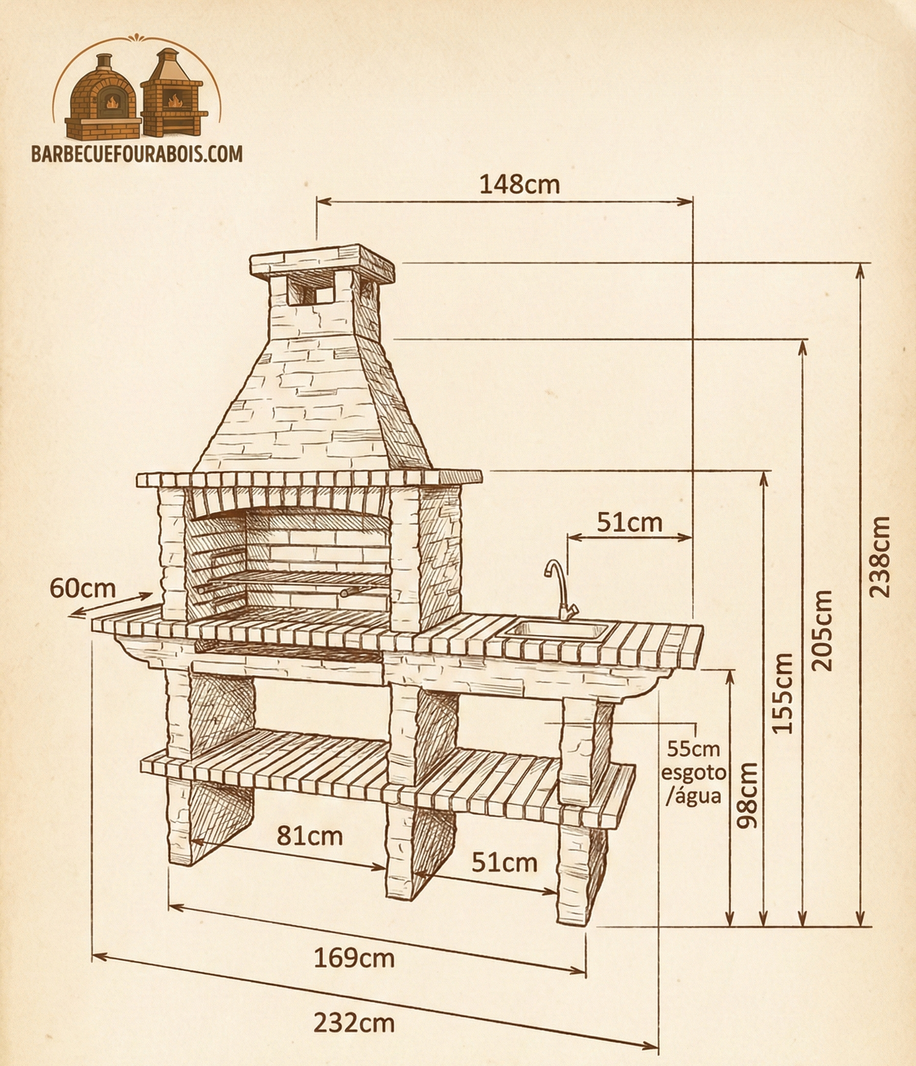 Rustika 208 – Barbacoa de piedra reconstruida con encimera y parrilla 80×38 (fregadero + grifo opcionales)