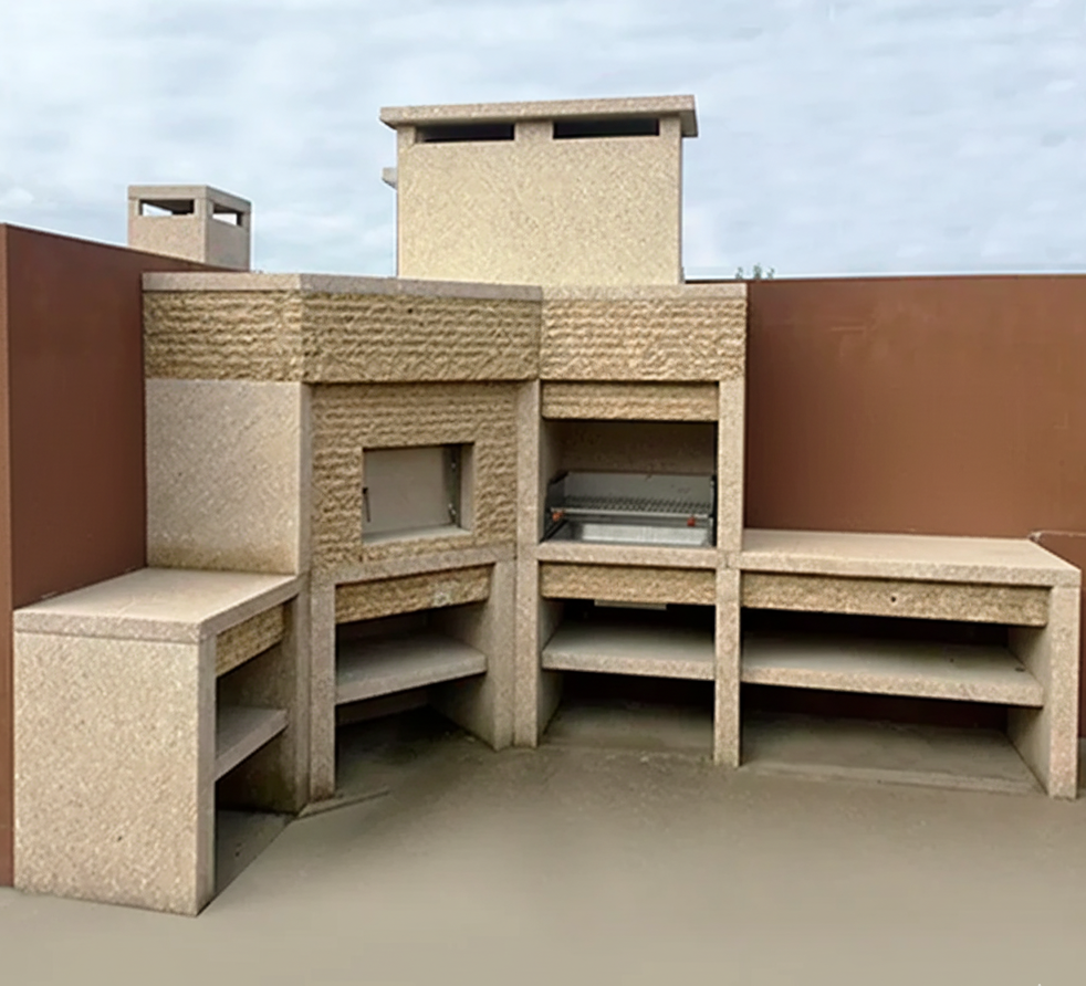 Granito 43 – Cuisine extérieure d’angle en granit avec four & évier (grilloir 70 cm)