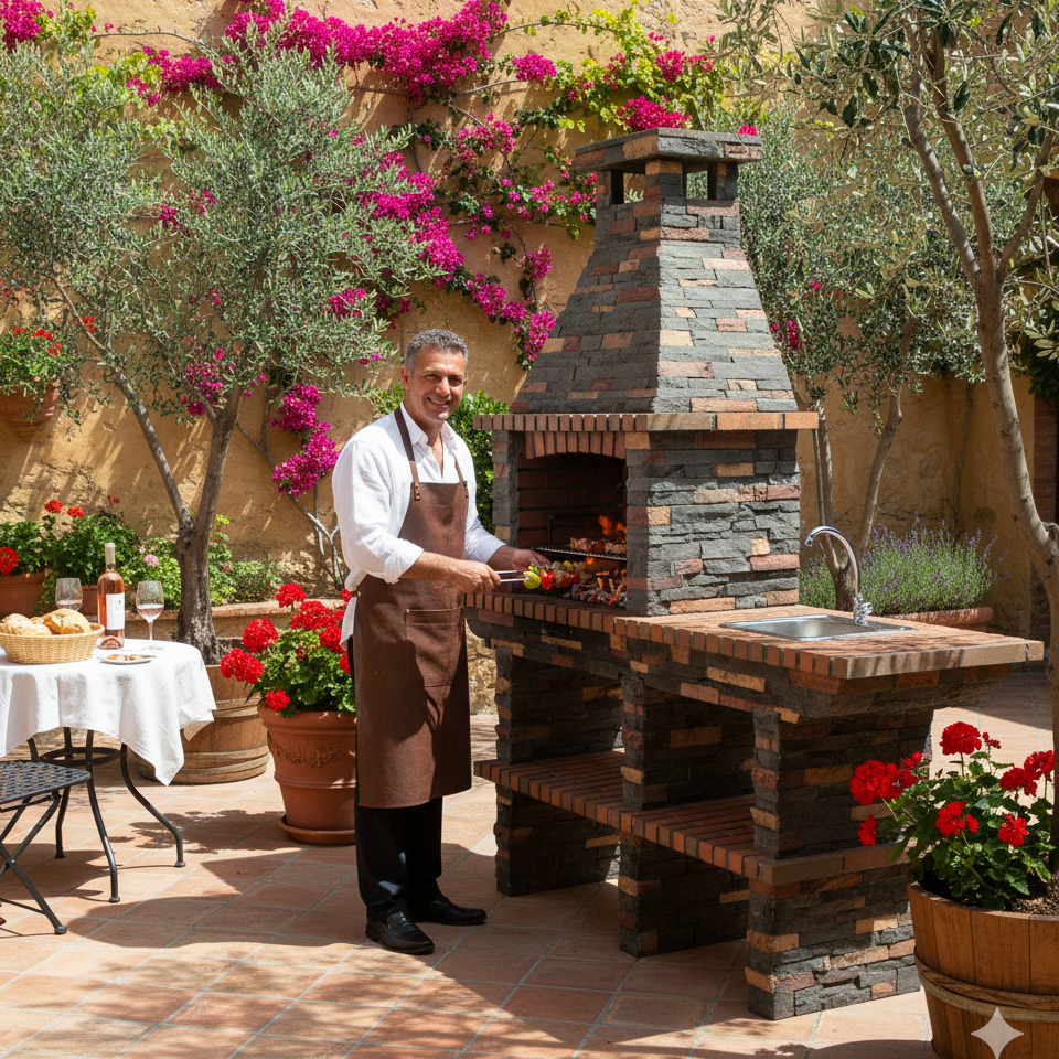 Rustika 207 – Barbecue en pierre reconstituée avec plan de travail (évier + robinet en option) – Grill 60×38 cm