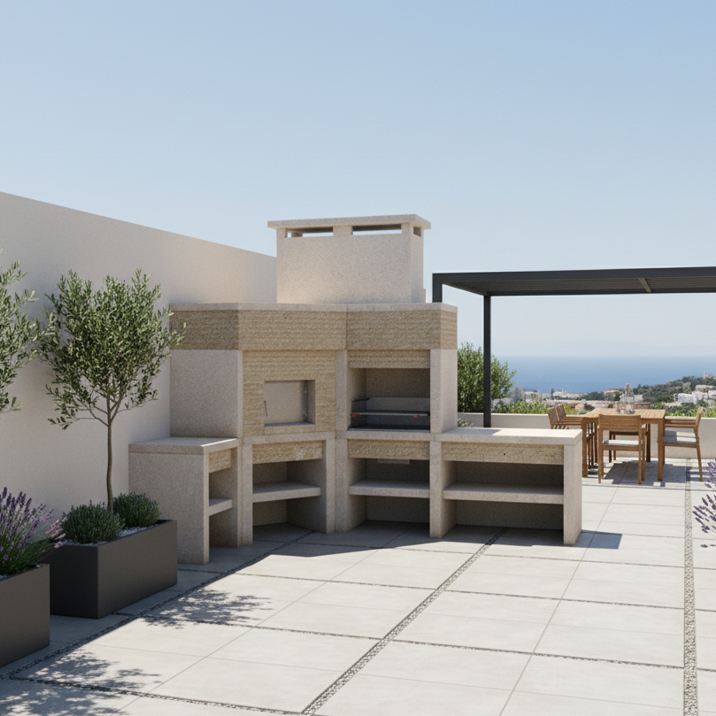 Granito 43 – Cuisine extérieure d’angle en granit avec four & évier (grilloir 70 cm)