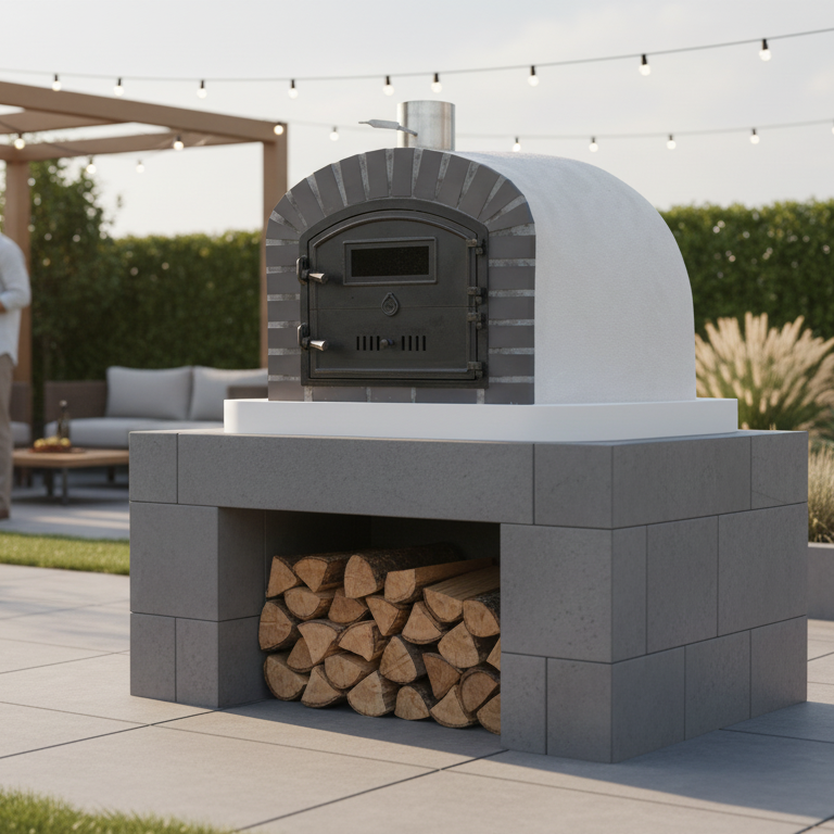 Four à Bois BRACIARO 110 cm – Four à Pizza & Rôtisserie Brique Grise