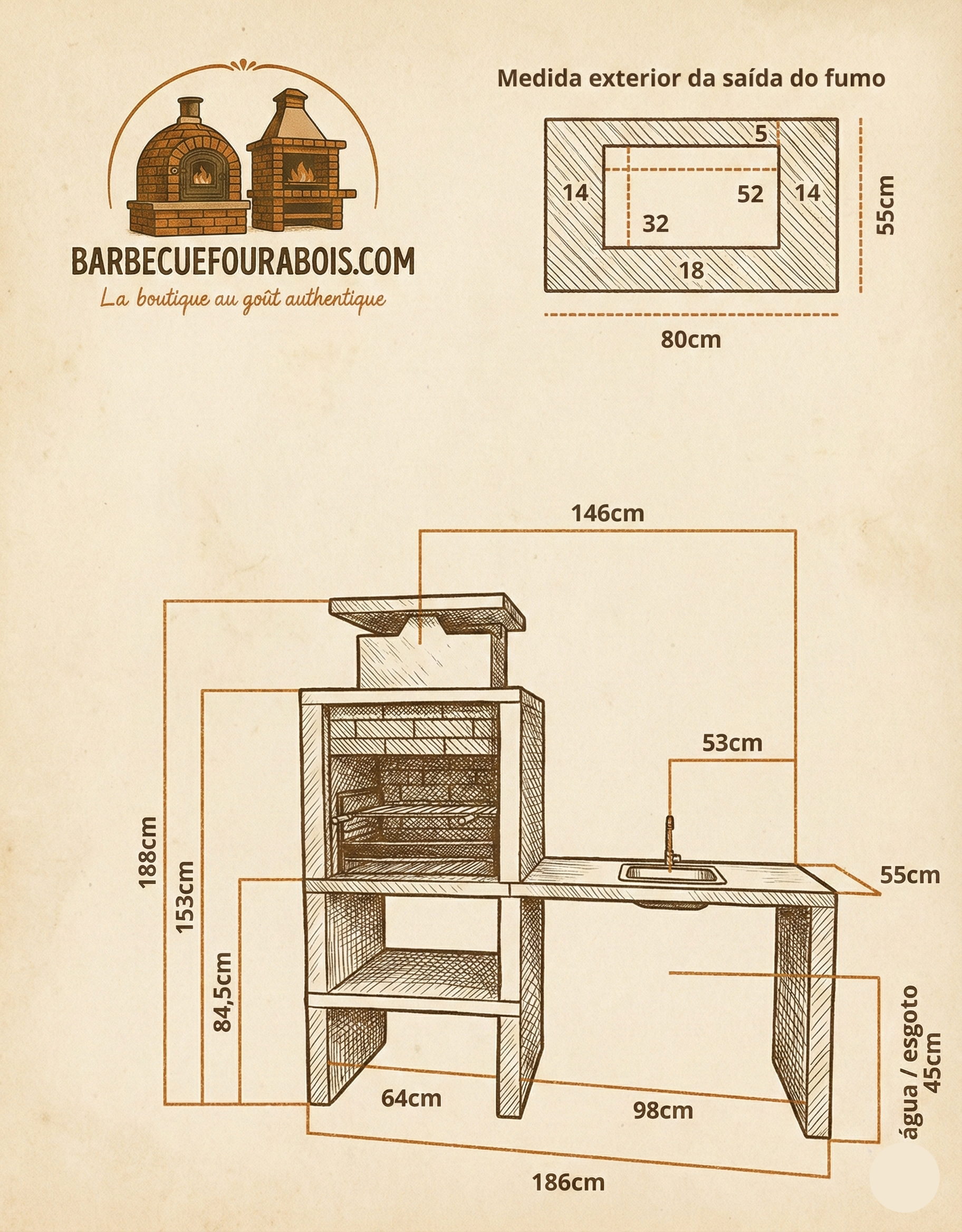 Nexa 610 – Barbecue moderne avec évier (côté à choisir) & plan inox – grill 60×40 (inox option)
