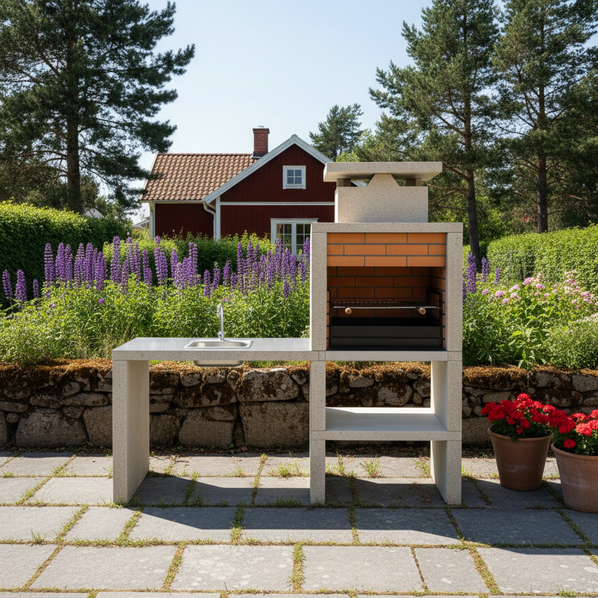 Nexa 610 – Barbecue moderne avec évier (côté à choisir) & plan inox – grill 60×40 (inox option)