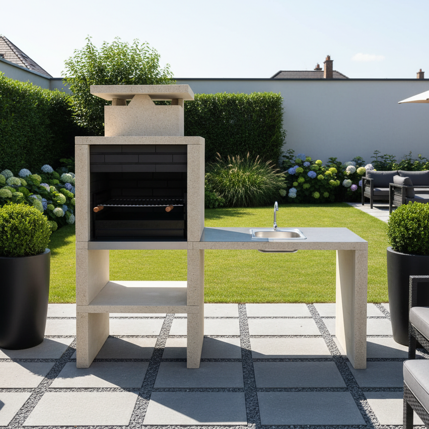 Nexa 610 – Barbecue moderne avec évier (côté à choisir) & plan inox – grill 60×40 (inox option)