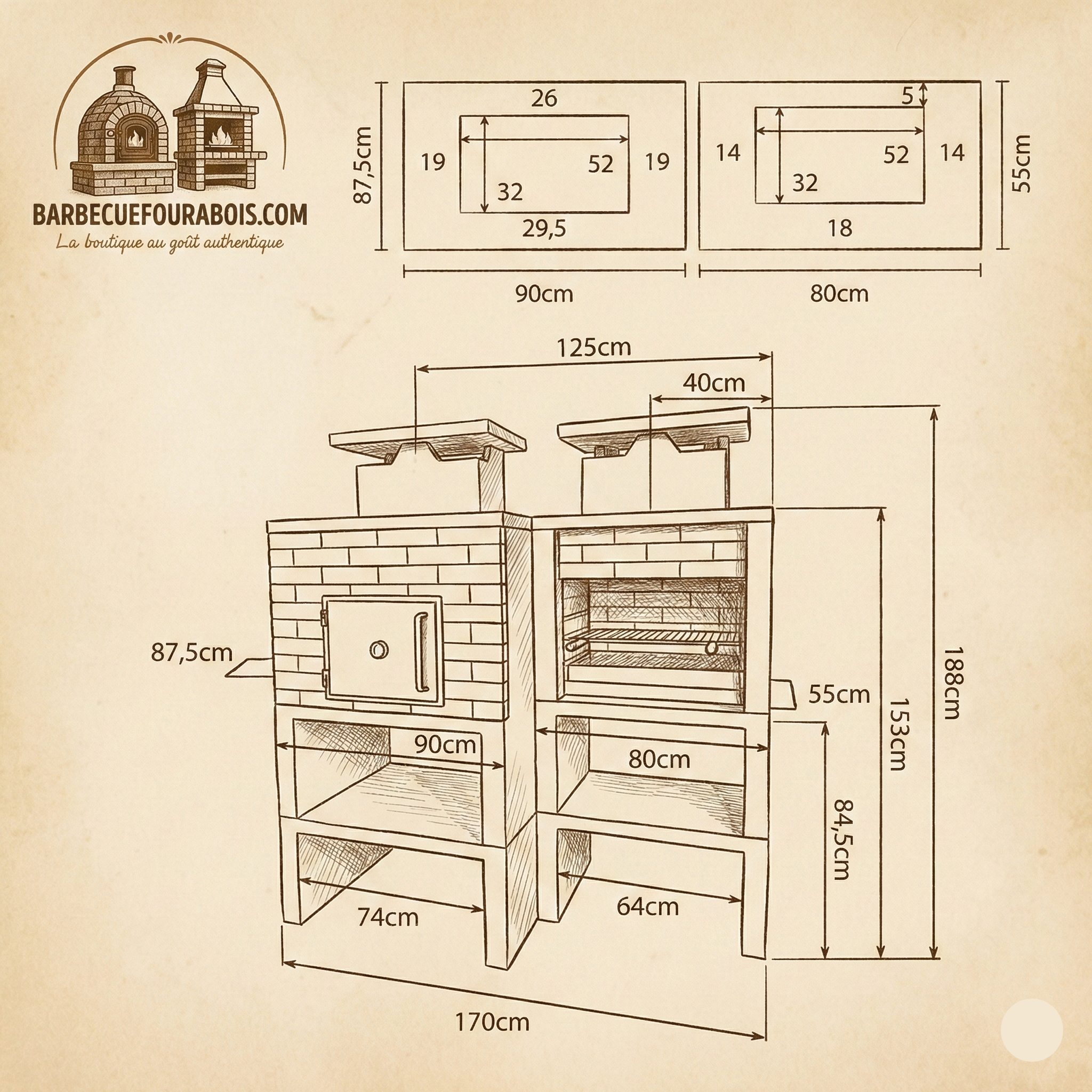 Nexa 612 – Barbecue & Four Ø75 cm – Grill 60×40 cm (briques grises en option)