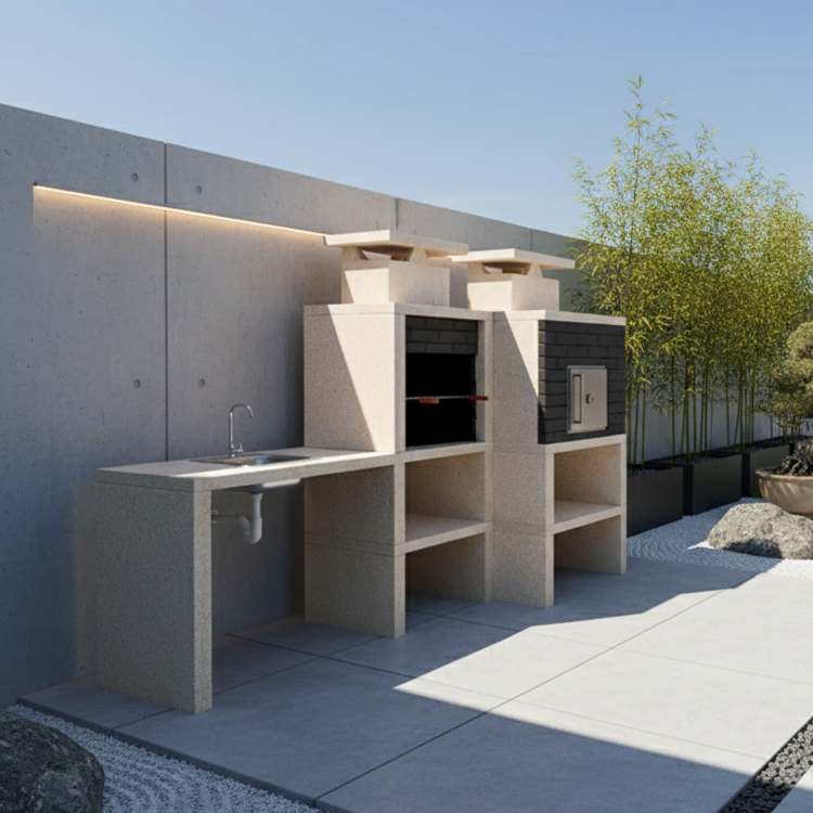 Nexa 614 – Barbacoa moderna con horno de Ø75 cm + Fregadero (reversible) – Parrilla de 60×40 (acero inoxidable opcional)