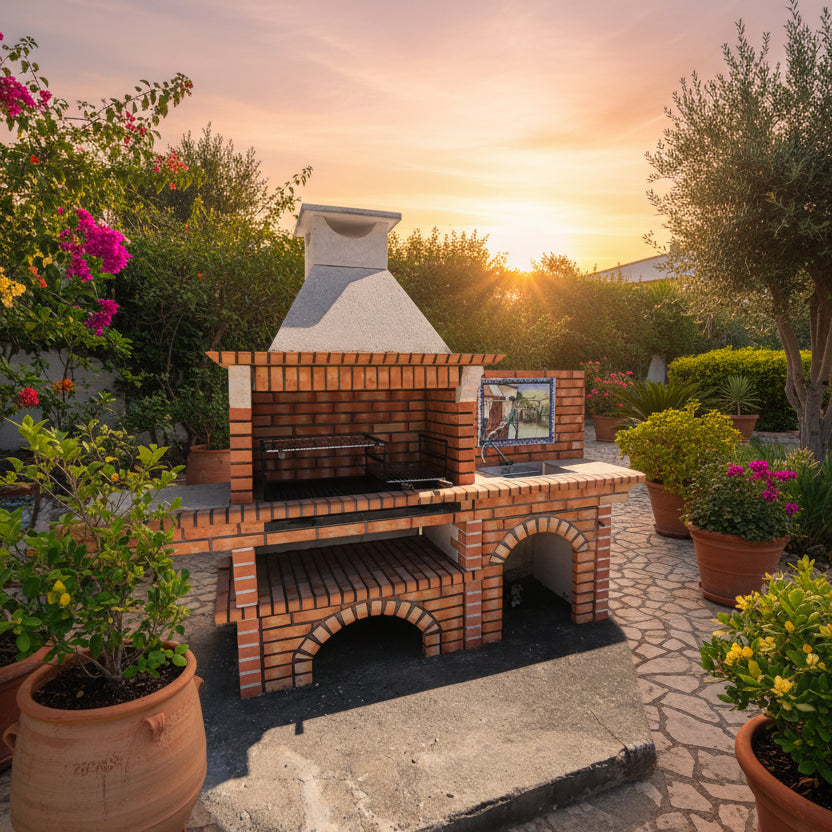 Calabria 326 – Barbecue brique & pierre reconstituée avec grand plan de travail – grilloir 90 cm (évier + fresque en option)