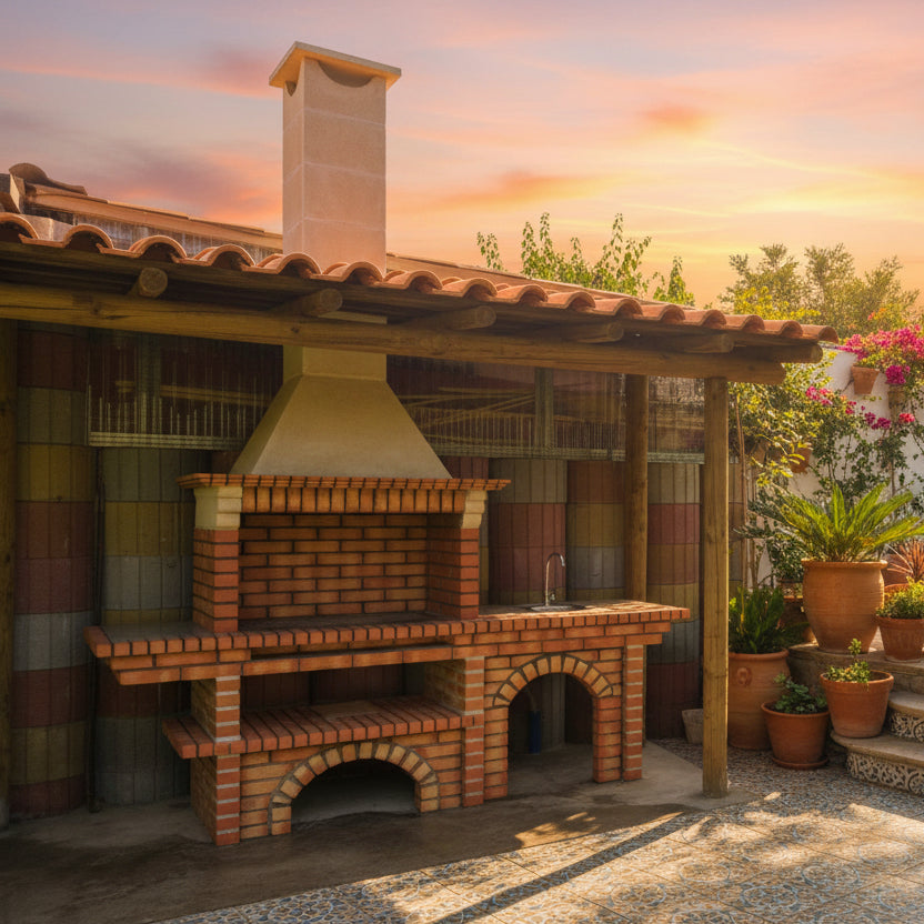 Calabria 326 – Barbecue brique & pierre reconstituée avec grand plan de travail – grilloir 90 cm (évier + fresque en option)