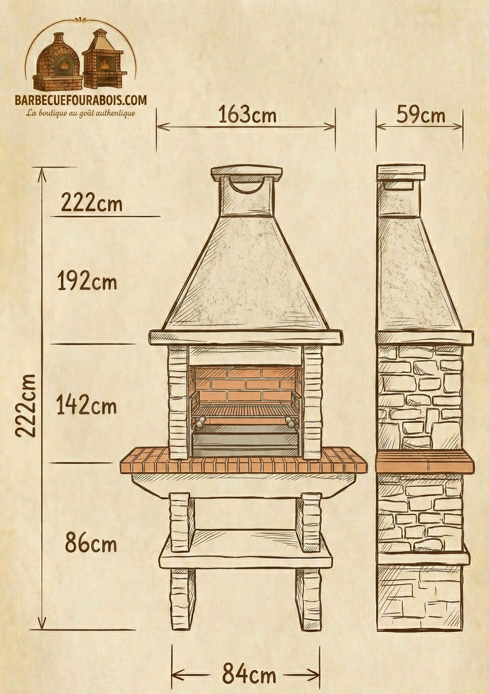 Barbecue pierre reconstituée Basalto 280 – Grilloir 80 cm, tablettes latérales