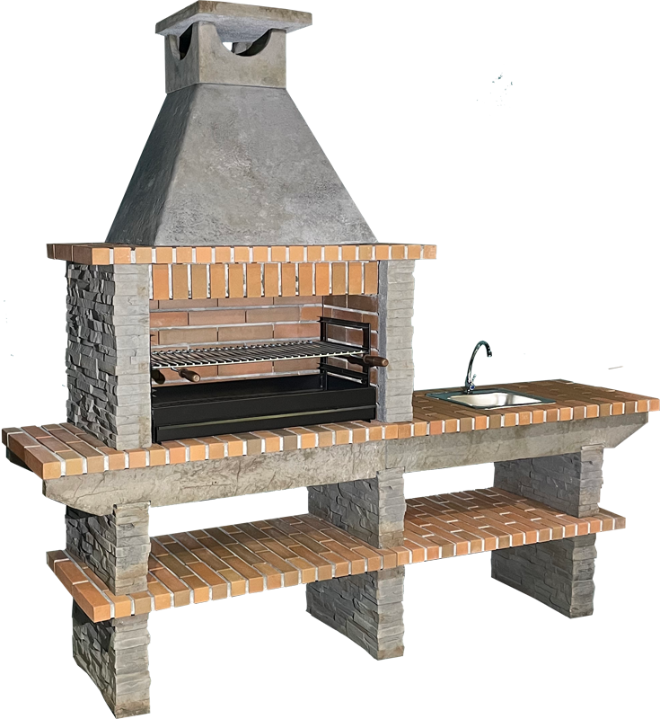 Basalto 380 – Barbecue pierre reconstituée schiste avec extension – Grilloir 80 cm (Gris ou Marron) – Évier inox en option