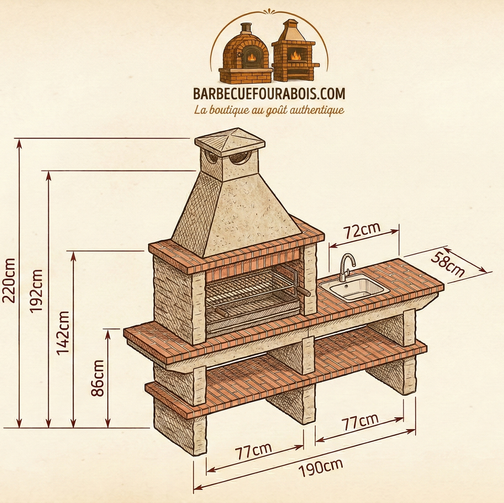 Basalto 380 – Barbecue pierre reconstituée schiste avec extension – Grilloir 80 cm (Gris ou Marron) – Évier inox en option
