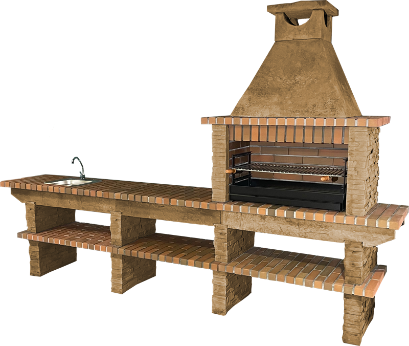 Basalto 480 – Barbacoa de piedra reconstruida imitación pizarra con mesa grande + encimera – Parrilla de 80 cm (Gris o Marrón) – Fregadero de acero inoxidable opcional