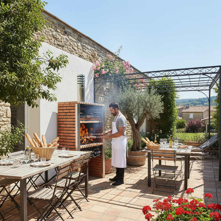 Inoxa 303 – Barbecue premium en pierre reconstituée avec colonnes inox (grill 80×38 cm)