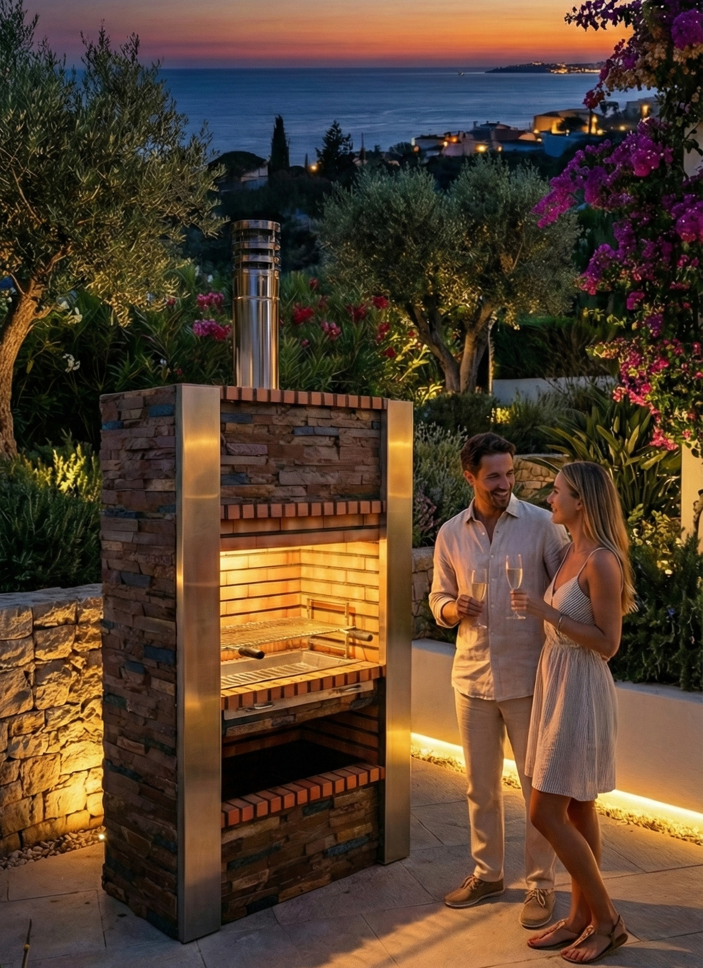 Inoxa 401 – Barbecue premium Série 400 en pierre reconstituée & schiste, colonnes inox (grill inox 80×38 inclus)