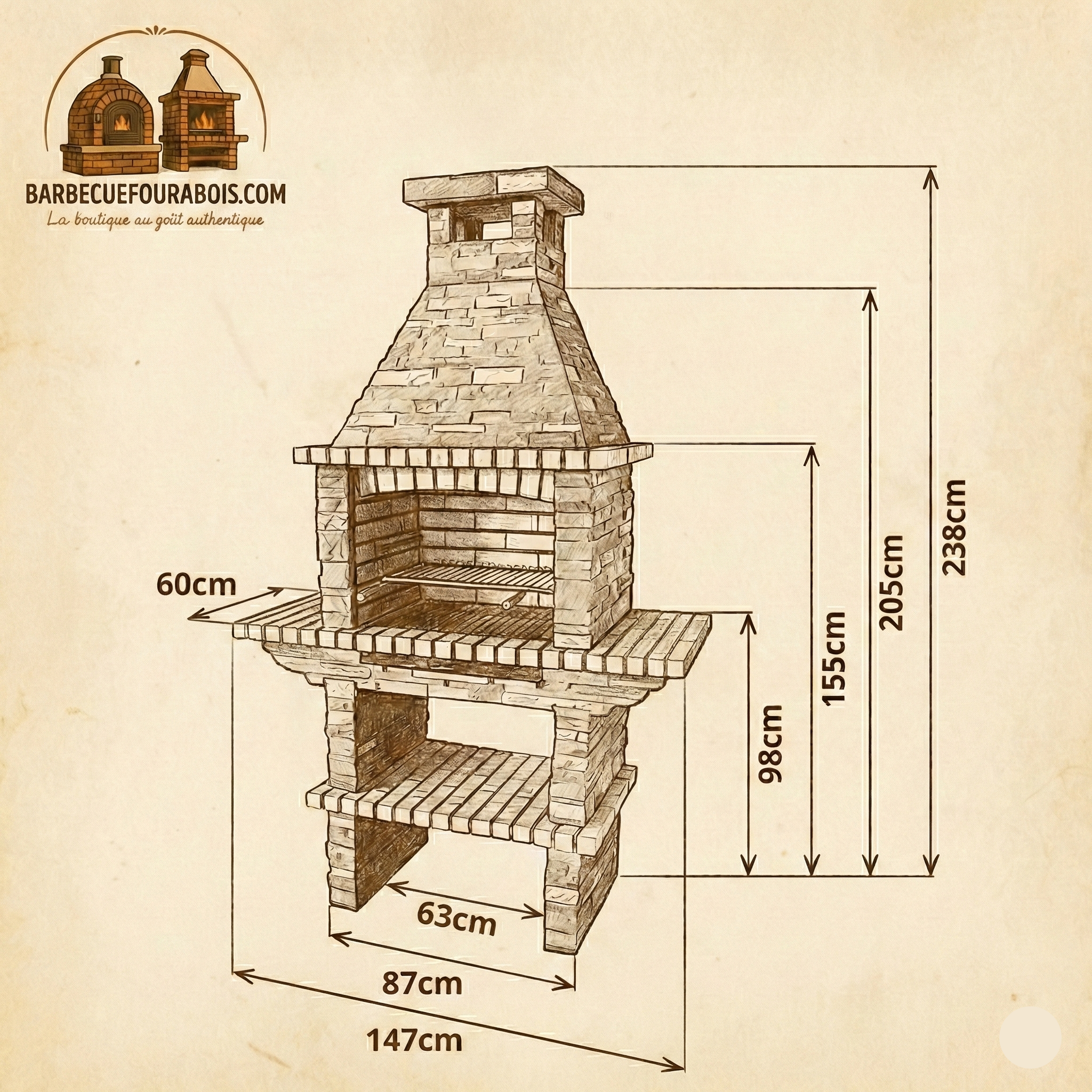 Rustika 203 – Barbacoa de piedra reconstruida de gran formato con parrilla empotrable (3 niveles) – Acero inoxidable opcional