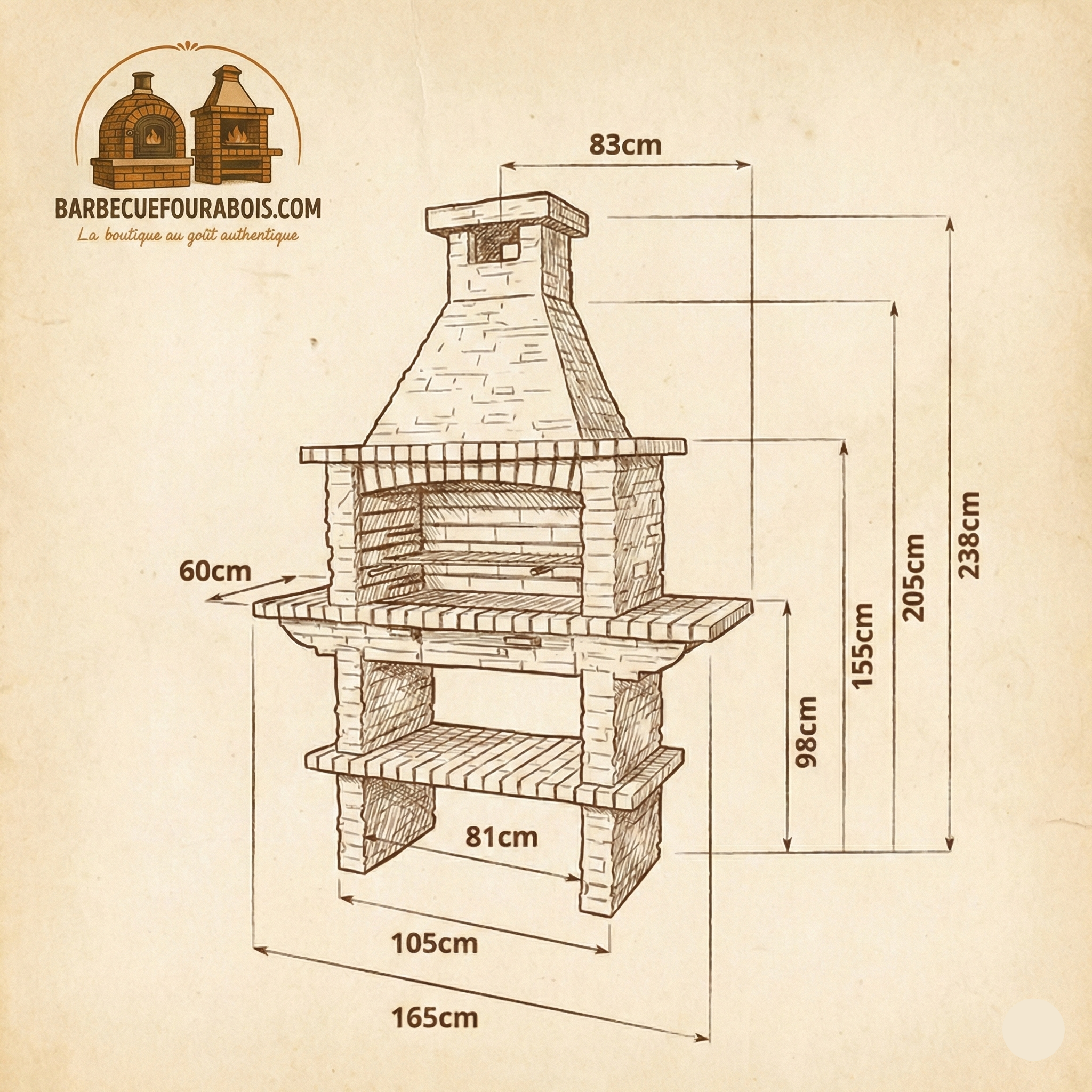Rustika 204 – Barbacoa de piedra reconstruida y ladrillos con parrilla de 80×38 cm (acero inoxidable opcional)