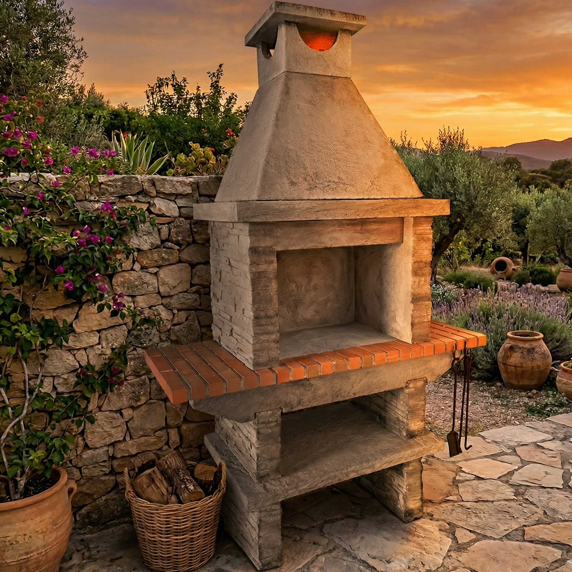 Basalto 260 – Barbecue pierre reconstituée schiste avec tablettes latérales (Gris ou Marron) – Grilloir 60 cm