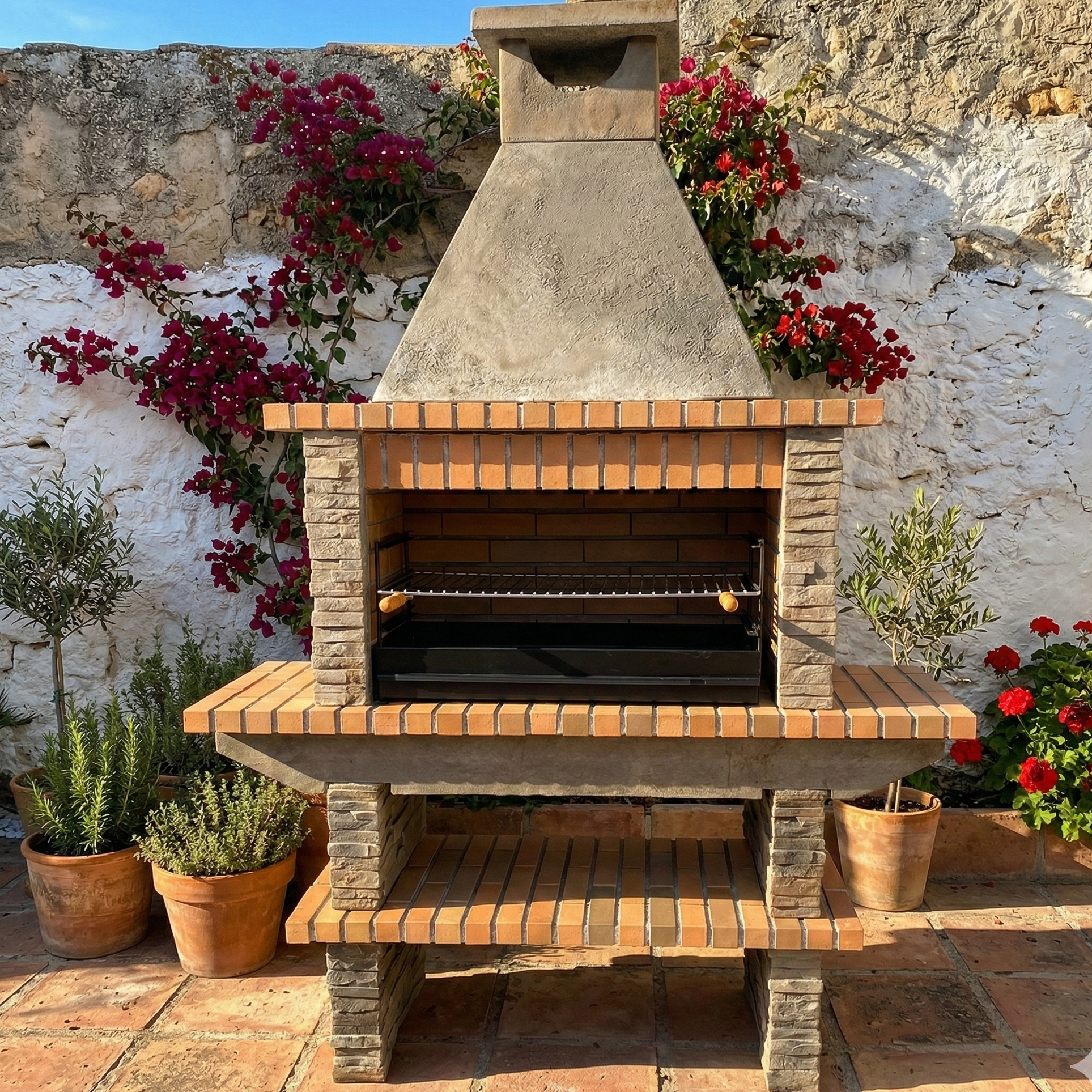 Barbecue pierre reconstituée Basalto 280 – Grilloir 80 cm, tablettes latérales