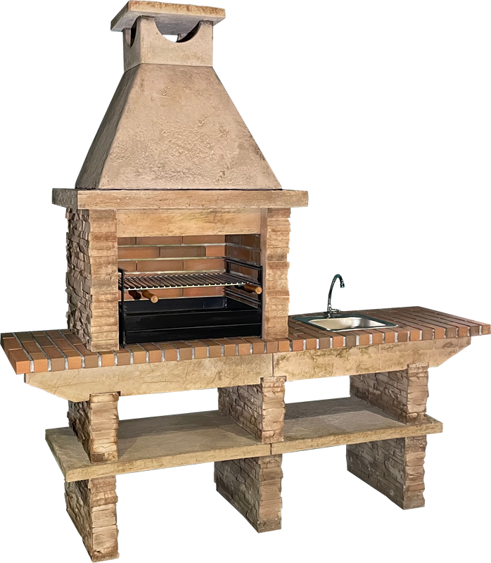 Basalto 360 – Barbecue pierre reconstituée schiste avec évier + robinet inox – Grilloir 60 cm (Gris ou Marron)