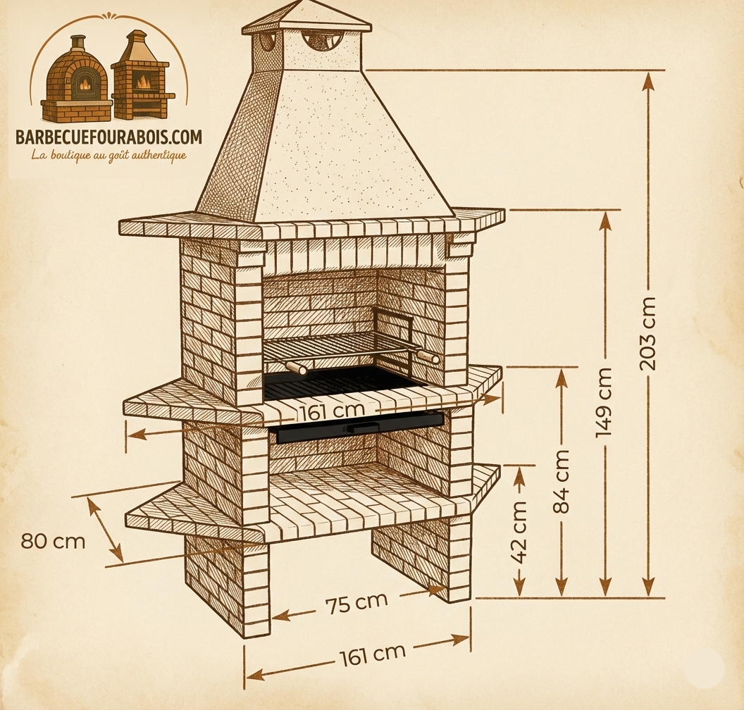 Brava 128 – Barbacoa de esquina de ladrillo con estantes laterales y parrilla de 69×48 cm (acero inoxidable opcional)