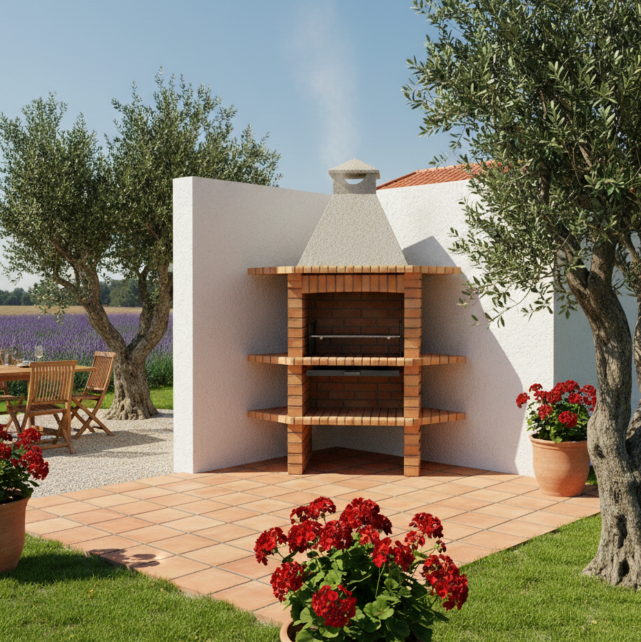 Brava 128 – Barbacoa de esquina de ladrillo con estantes laterales y parrilla de 69×48 cm (acero inoxidable opcional)