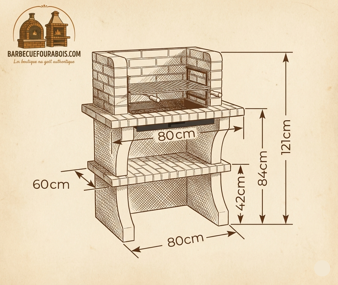 Brava 129 – Barbecue en brique sans hotte (charbon & bois) – Compact 80×60 cm