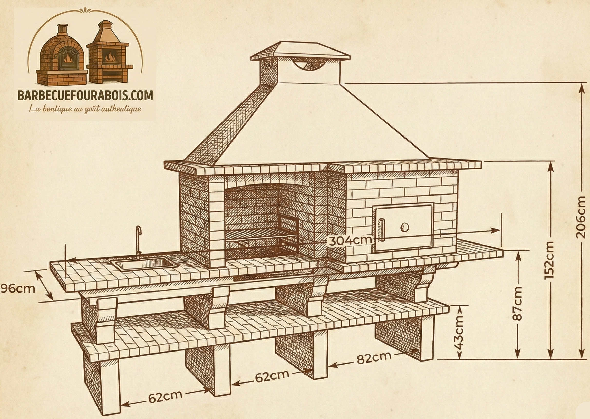 Brava 102F – Cuisine extérieure en brique en ligne avec Four Ø80 cm & Évier (robinet inclus)