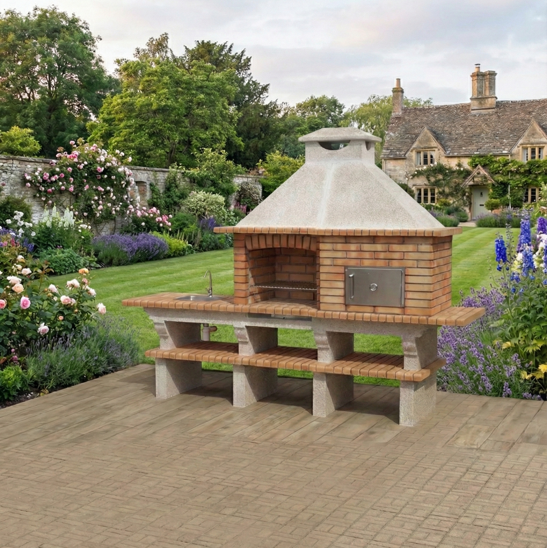 Brava 102F – Cuisine extérieure en brique en ligne avec Four Ø80 cm & Évier (robinet inclus)