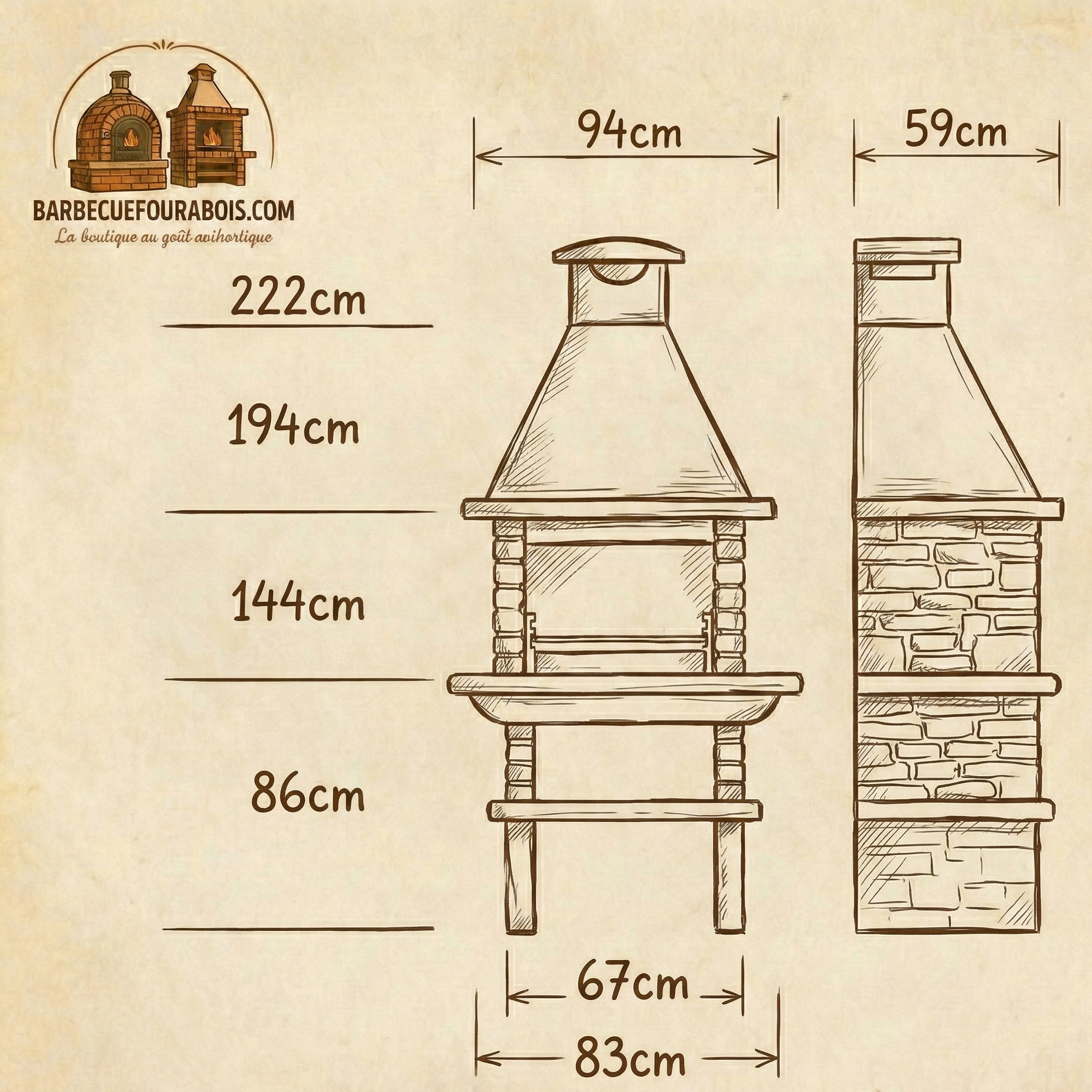 Basalto 160 – Barbecue pierre reconstituée imitation schiste (Gris ou Marron) – Grilloir 60 cm