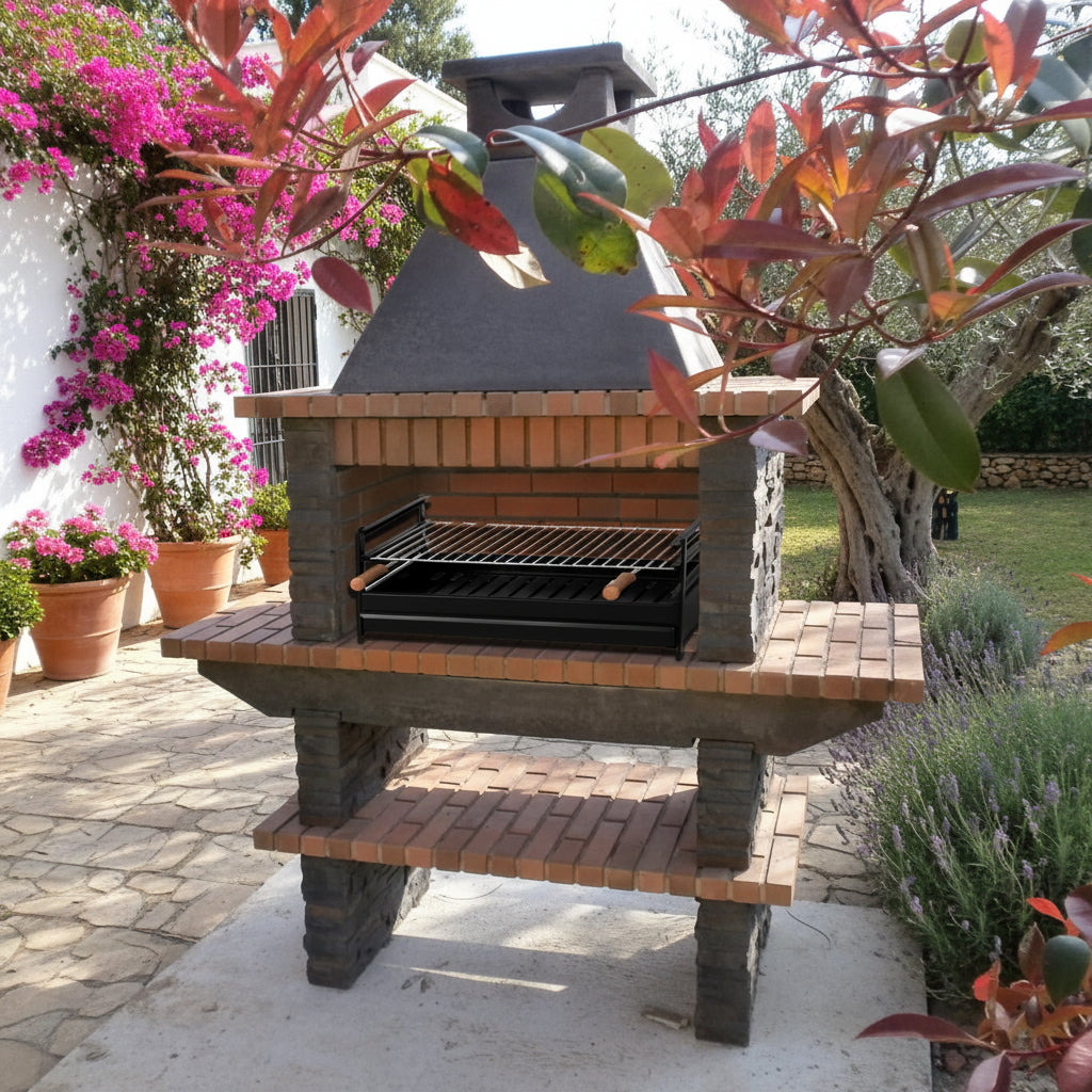 Barbecue pierre reconstituée Basalto 280 – Grilloir 80 cm, tablettes latérales