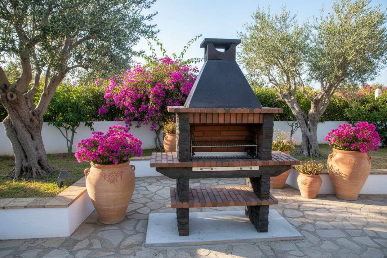 Barbecue pierre reconstituée Basalto 280 – Grilloir 80 cm, tablettes latérales