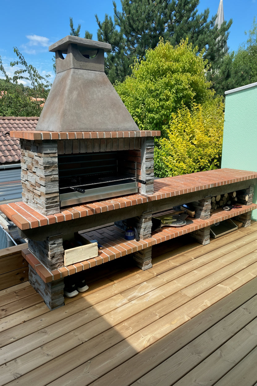 Basalto 480 – Barbacoa de piedra reconstruida imitación pizarra con mesa grande + encimera – Parrilla de 80 cm (Gris o Marrón) – Fregadero de acero inoxidable opcional