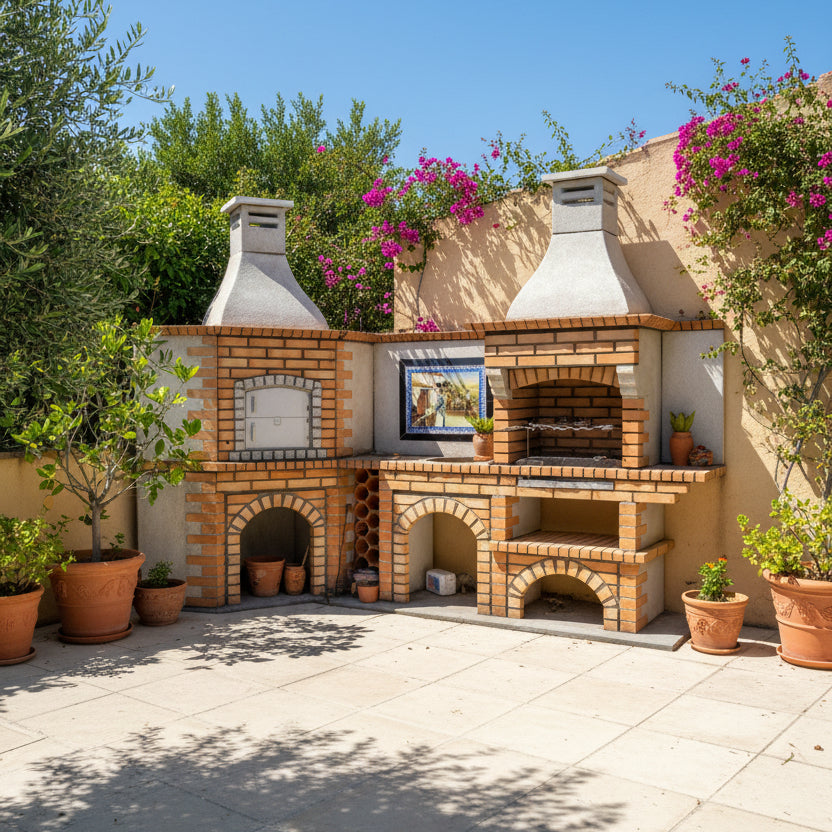 Calabria 1008 – Four à pizza d’angle avec barbecue & évier inox – 350×114 cm