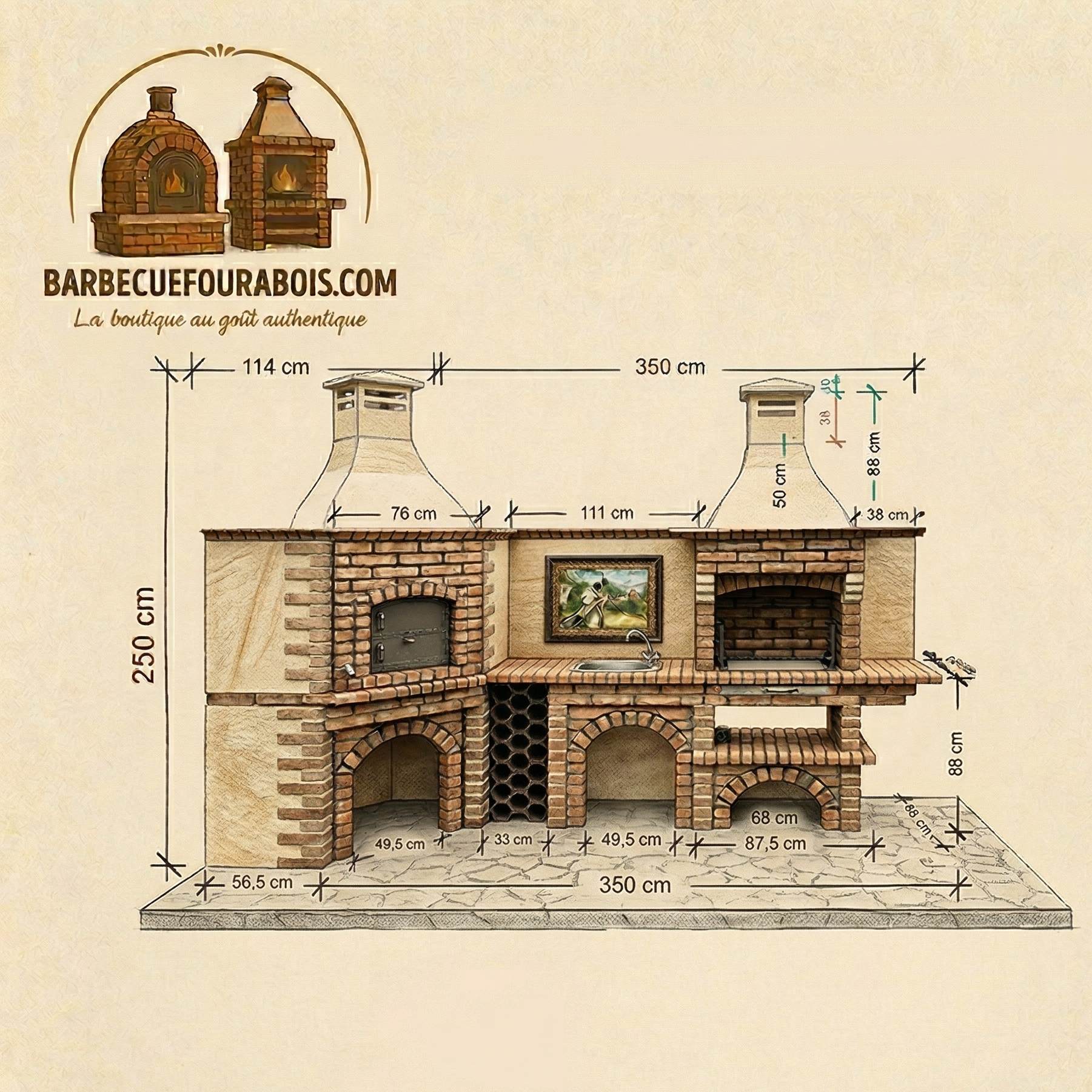 Calabria 1008 – Horno de pizza esquinero con barbacoa y fregadero de acero inoxidable – 350x114 cm