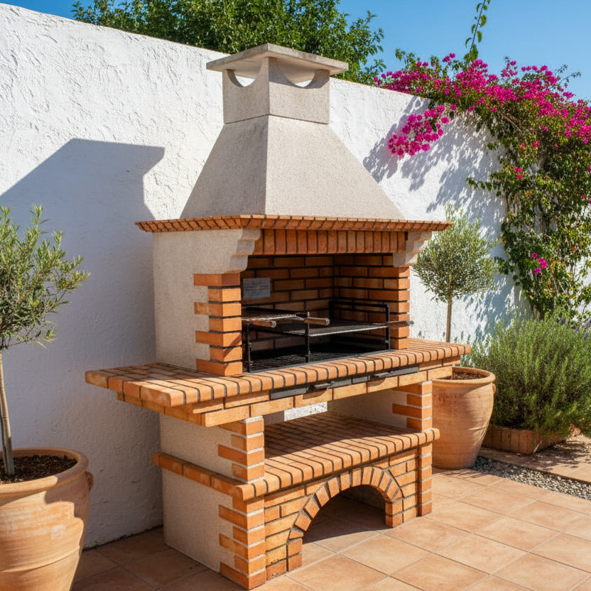 Calabria 325 – Barbecue traditionnel brique & pierre reconstituée avec grandes tablettes – grilloir 90 cm