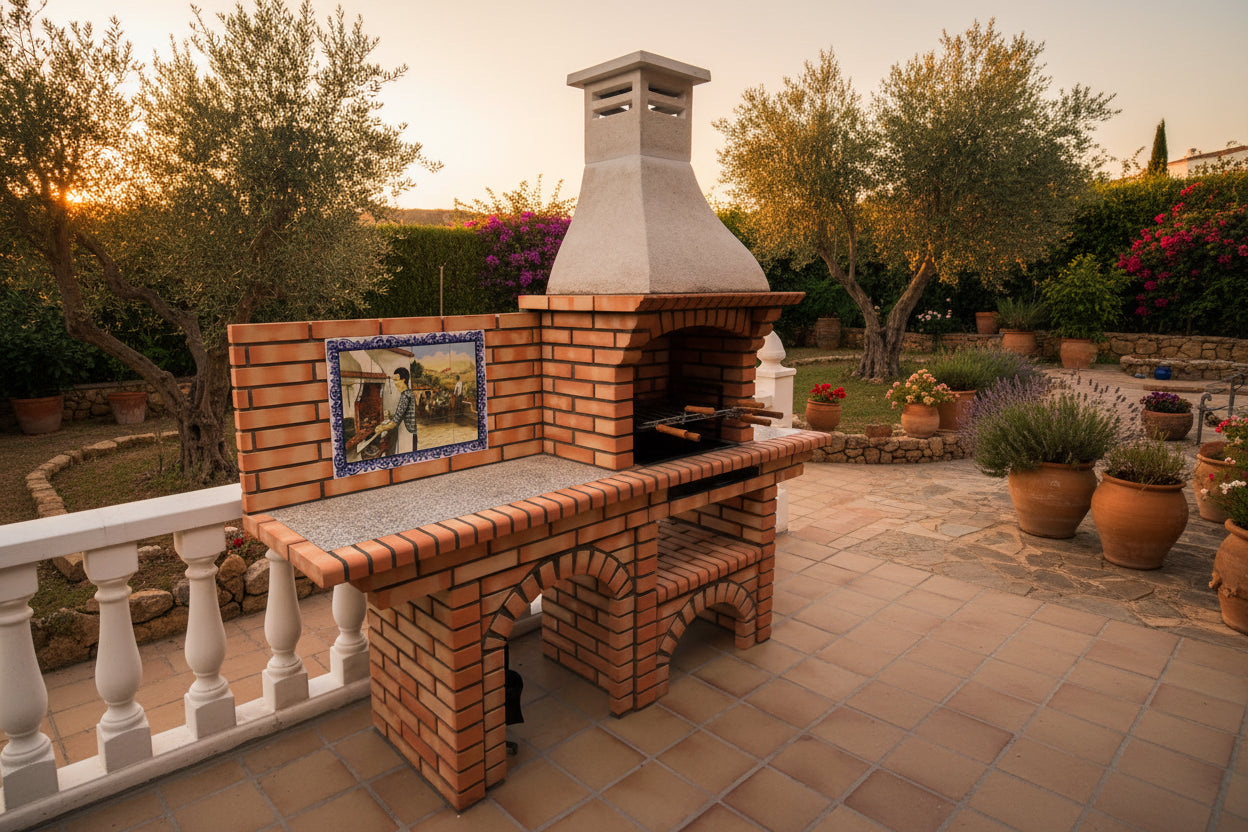 Calabria 502 – Barbecue en briques avec plan de travail (côté au choix) – fresque incluse (évier + grill inox en option)