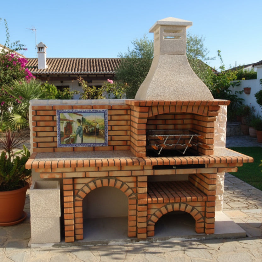 Calabria 502 – Barbecue en briques avec plan de travail (côté au choix) – fresque incluse (évier + grill inox en option)