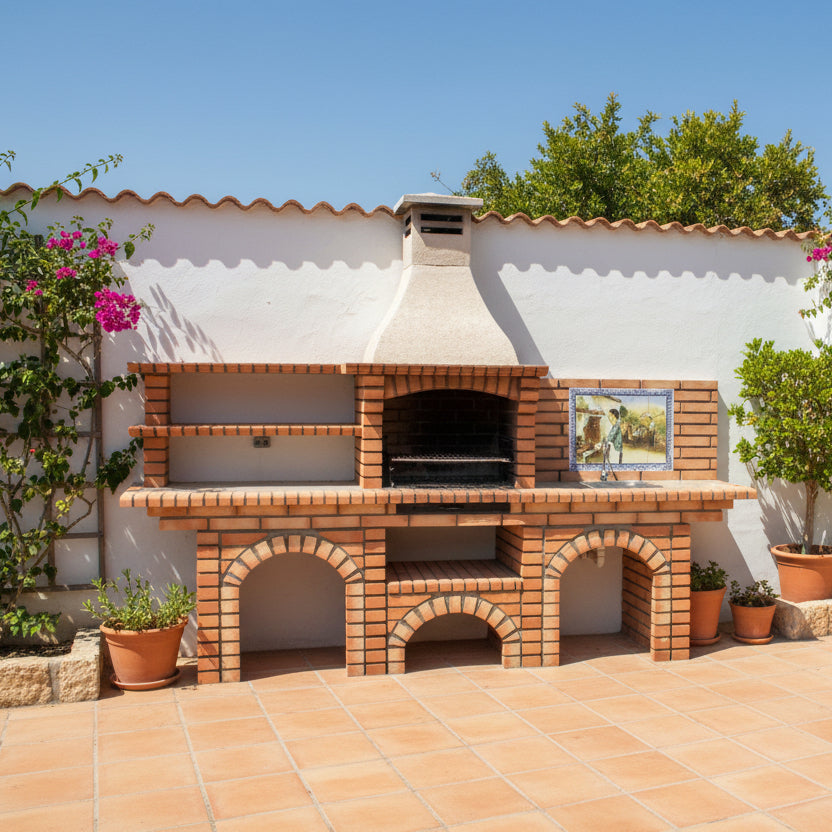 Calabria 601 – Barbecue tout en briques avec 2 tables (étagères + évier en option) – fresque incluse