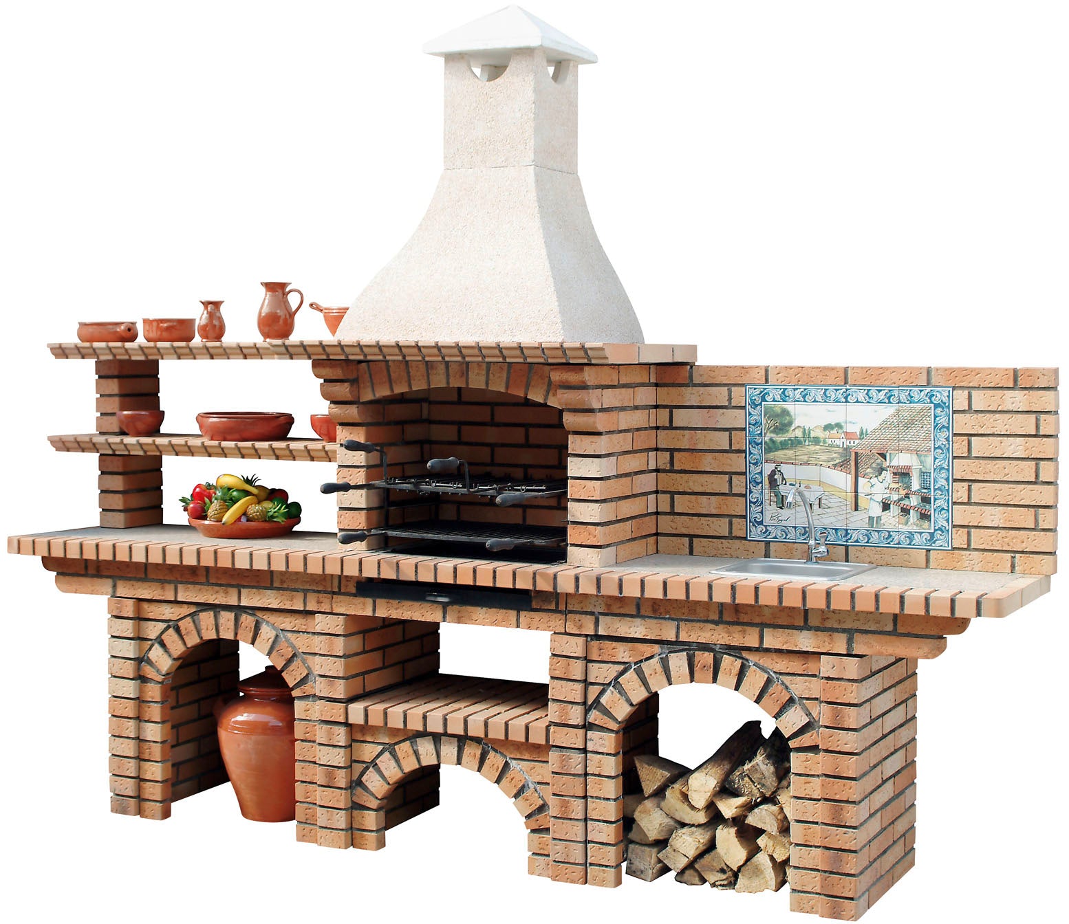 Calabria 601 – Barbacoa de obra de ladrillo con 2 mesas (estantes + fregadero opcionales) – incluye mural