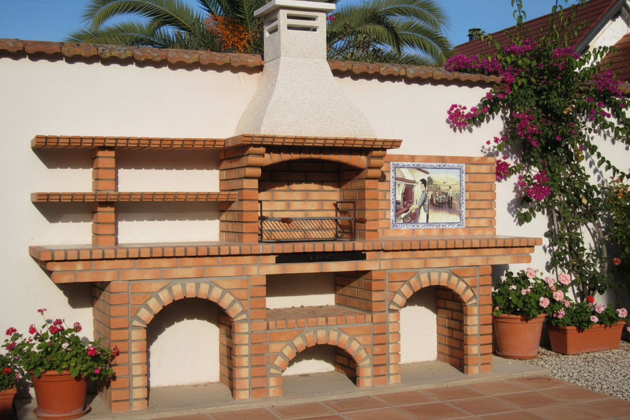 Calabria 601 – Barbecue tout en briques avec 2 tables (étagères + évier en option) – fresque incluse